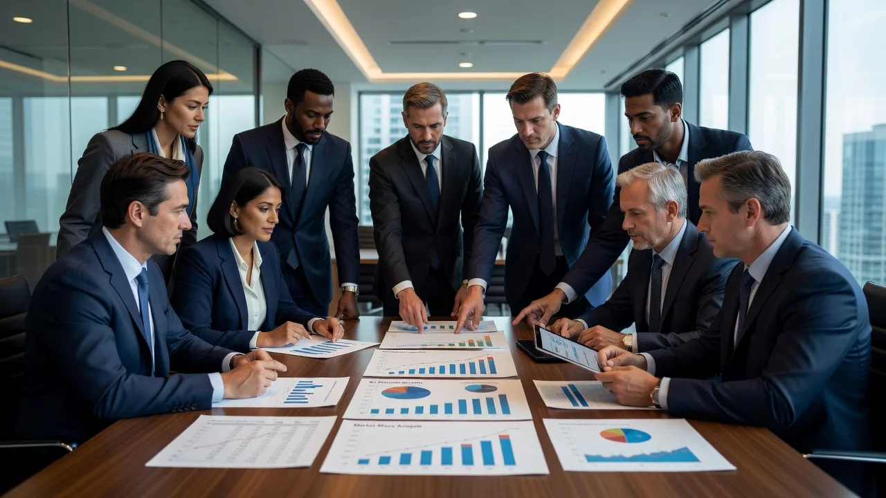 Several people in business clothes standing around a table covered with printed charts