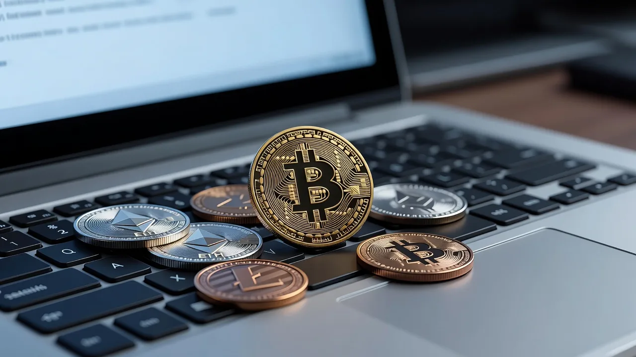 Gold and silver coins stamped with crypto symbols lying on a laptop keyboard