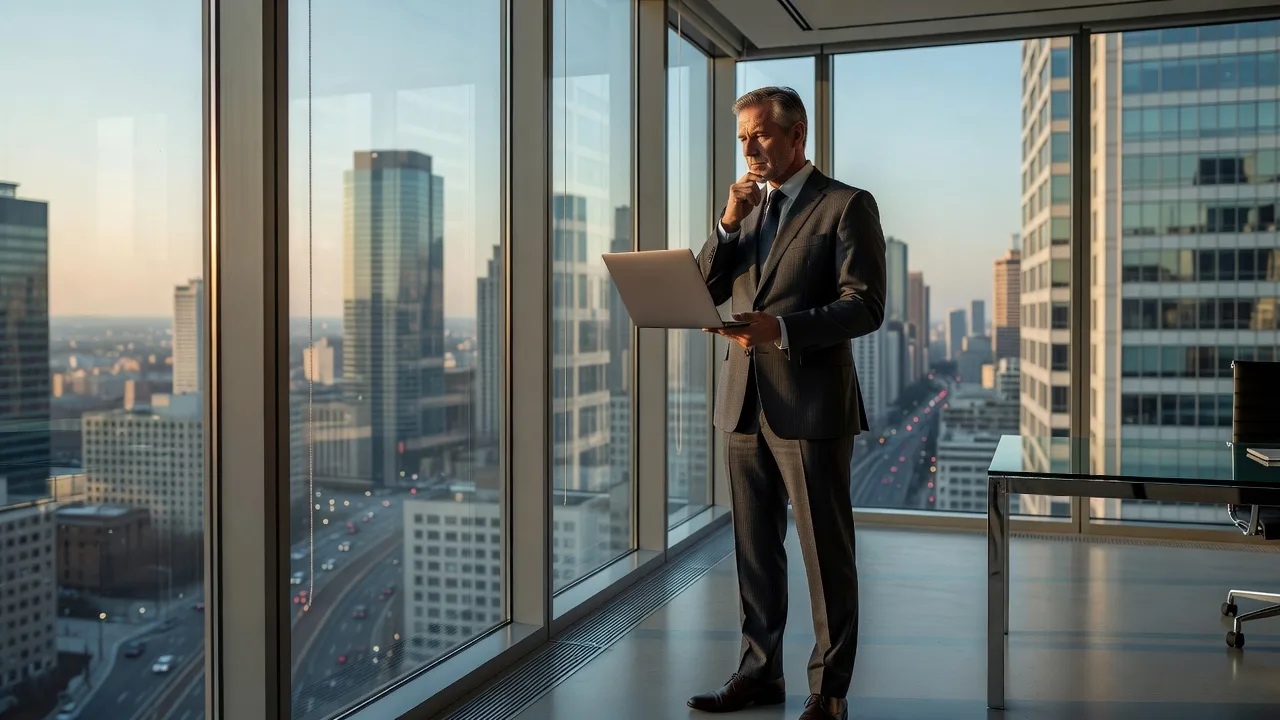 A man in a suit standing at a tall office window with a tablet, looking out over a city