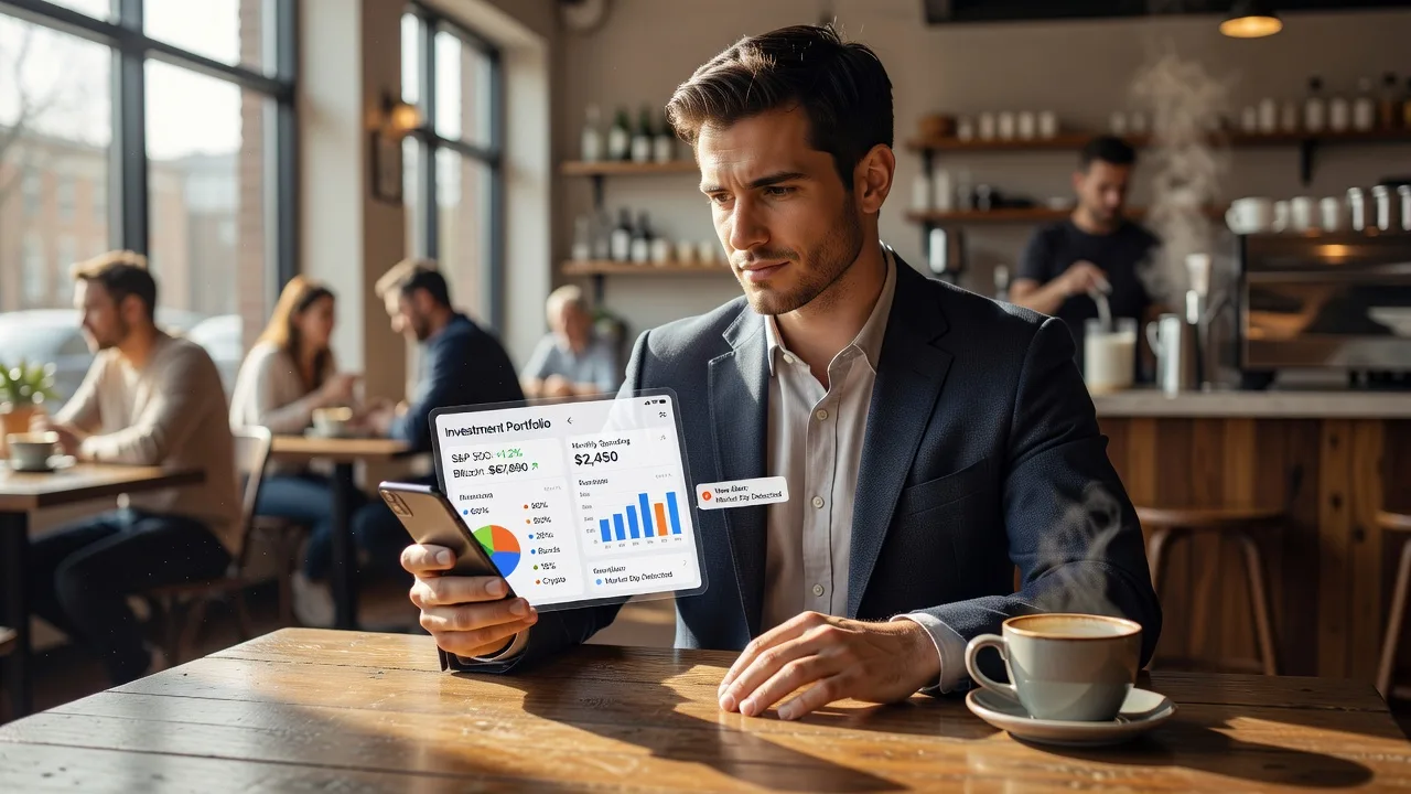 A man at a cafe table looking at a finance app on his phone