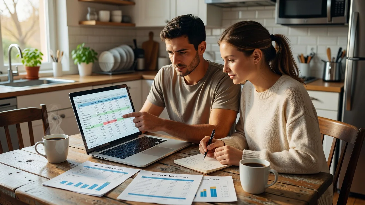 A couple at a kitchen table checking a household budget on a laptop next to printed charts and coffee cups