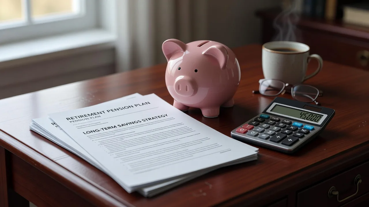 A pink piggy bank beside a calculator, a cup of tea and printed savings-plan documents