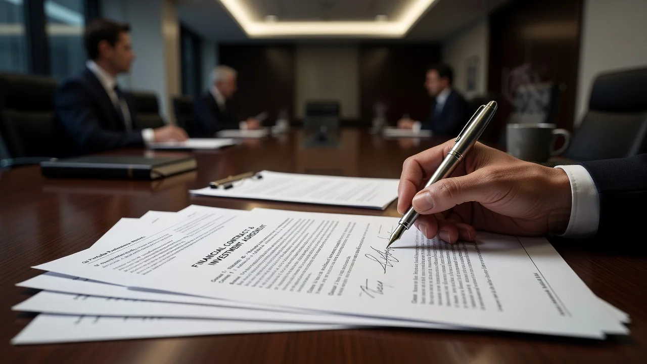 A hand signing a stack of printed contract pages at a conference table
