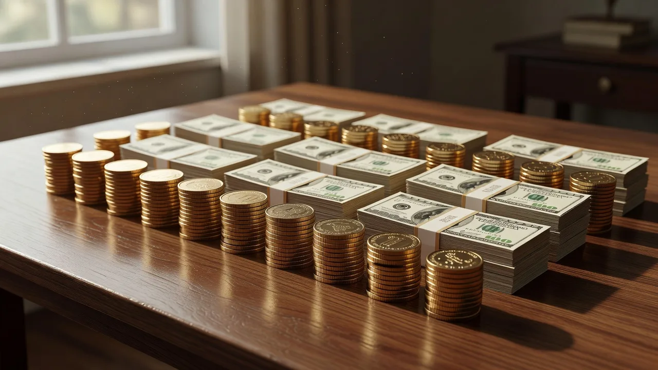 Rows of stacked coins and banknote bundles laid out on a wooden table